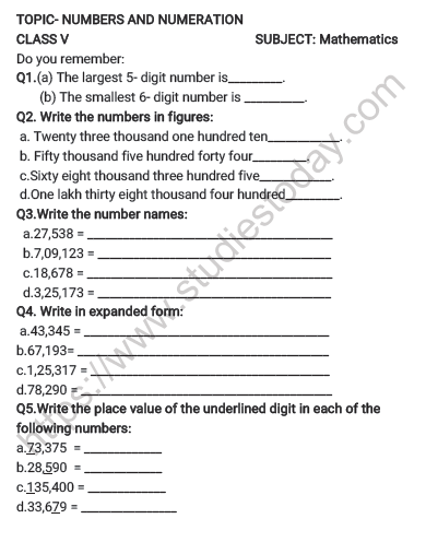 CBSE Class 5 Maths Numbers And Numeration Worksheet